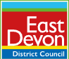 East Devon District Council designed with bold white text on a red background with colorful borders.