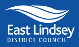 East Lindsey District Council logo with the name in white text on a blue background, accompanied by a flowing wave design.