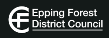 Epping Forest District Council logo with stylised letters "EF" in a circular design and the council's name in bold white text.