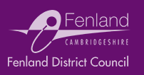 Fenland District Council logo, featuring "Fenland" and "Cambridgeshire" in stylish and elegant text on a purple background.