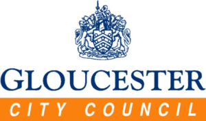 Gloucester City Council Logo, designed with a a blue crest above "GLOUCESTER" and "CITY COUNCIL" in orange on a white background.