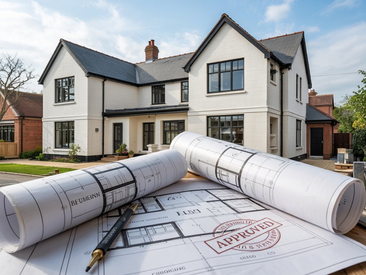 Architectural plans with an "Approved" stamp with a modern two-story home in the background.