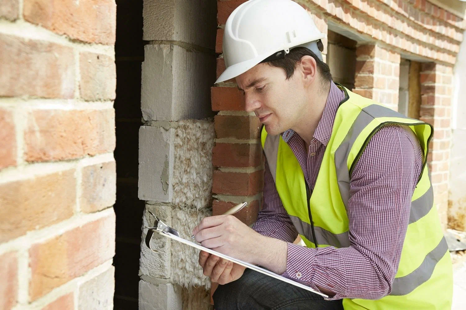A surveyor with a white hard hat and construction jacket writing on a notepad